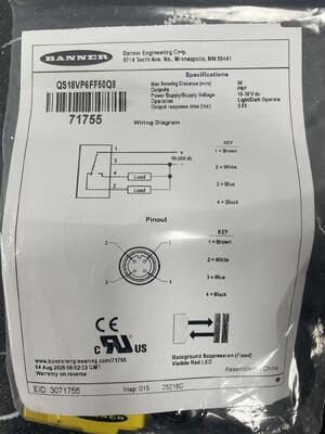 BANNER QS18VP6FF50Q8 고신뢰성 고정 필드 광전 센서