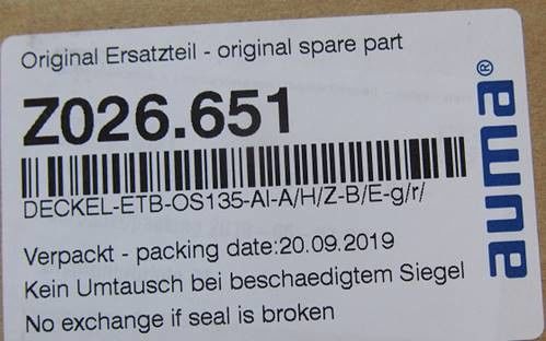 Z026.651 AUMA 멀티턴 액추에터 부품 SA 30.1 / SAR 30.1 밀폐
